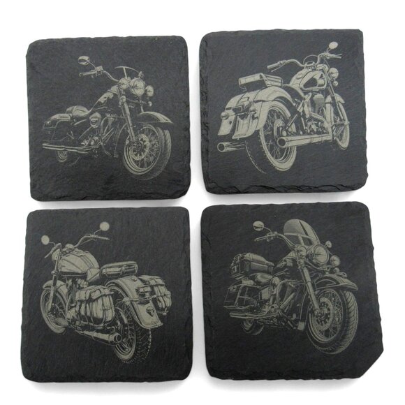 MOTORCYCLE COASTERS Engraved Set of 4 Square Gray Slate 4x4" - Picture 2 of 6